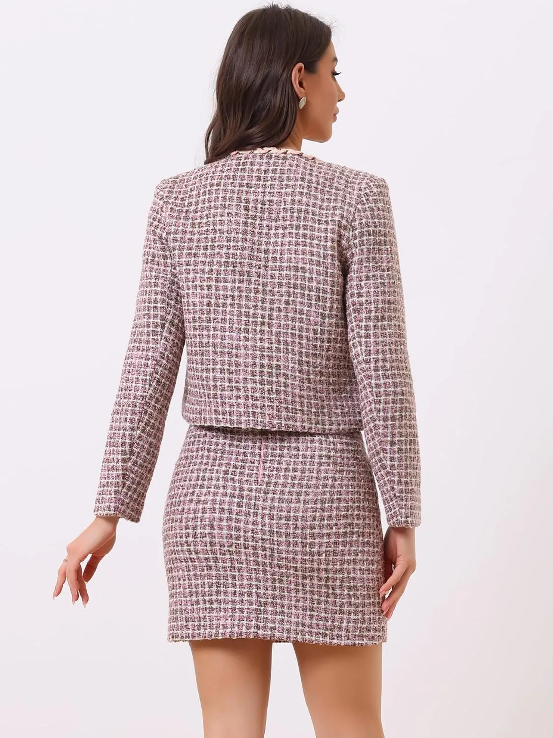 Allegra K Two Piece Outfits for Women's Business Tweed Collarless Blazer and Mini Skirt Set