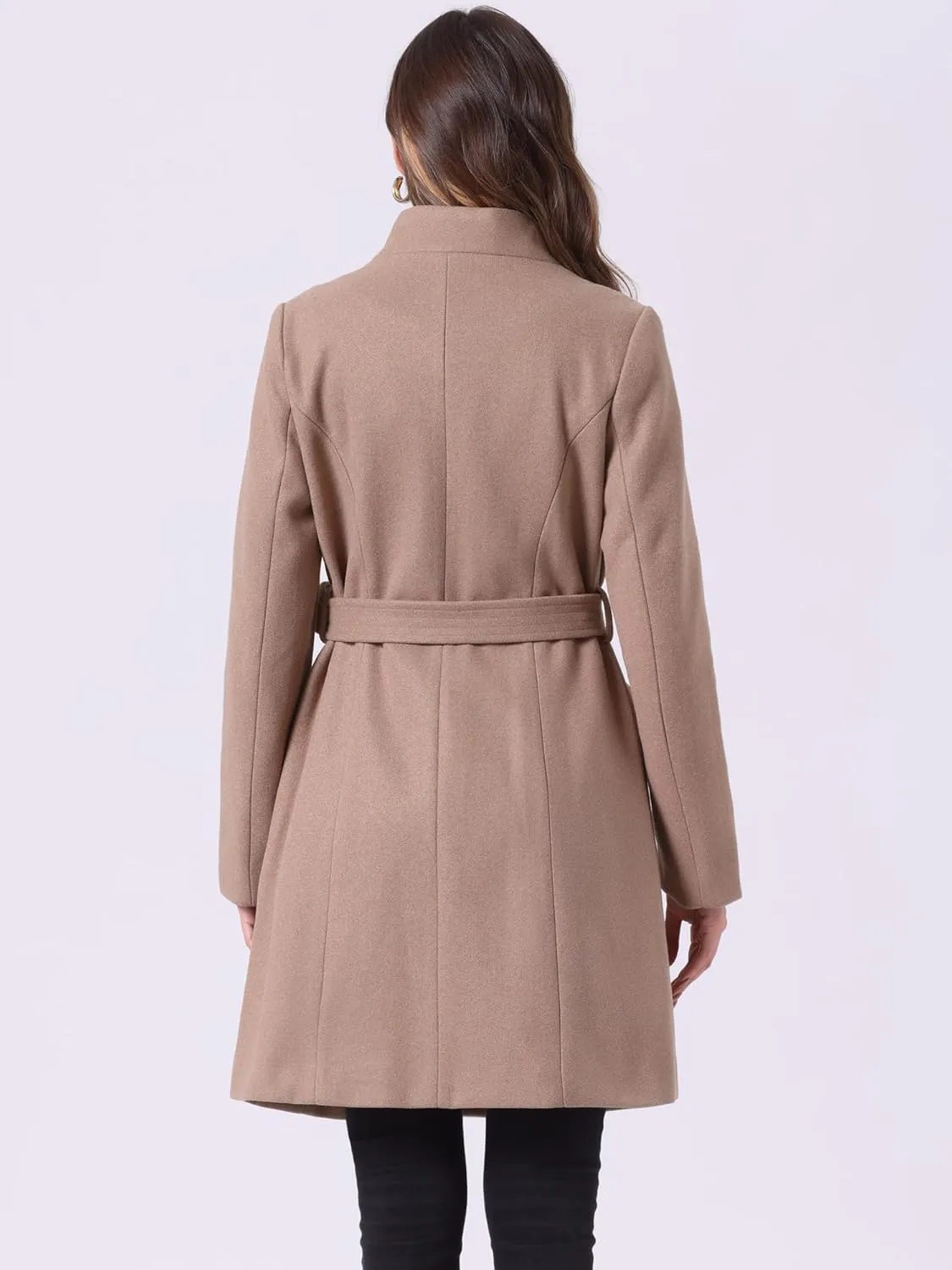 Allegra K Winter Belted Coat for Women's Stand Collar Buttoned Outwear Mid-Long Work Overcoat