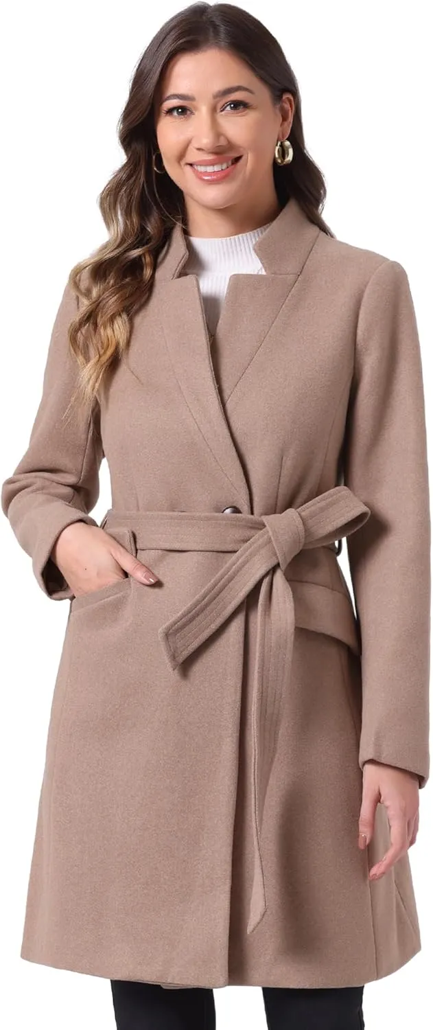 Allegra K Winter Belted Coat for Women's Stand Collar Buttoned Outwear Mid-Long Work Overcoat