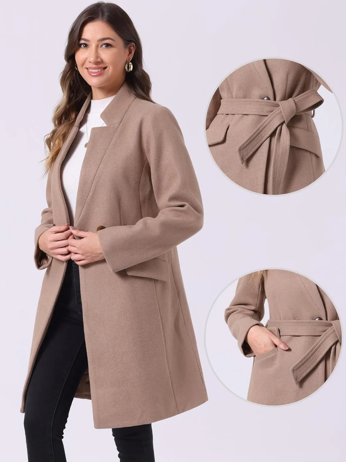 Allegra K Winter Belted Coat for Women's Stand Collar Buttoned Outwear Mid-Long Work Overcoat