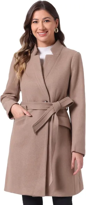 Allegra K Winter Belted Coat for Women's Stand Collar Buttoned Outwear Mid-Long Work Overcoat