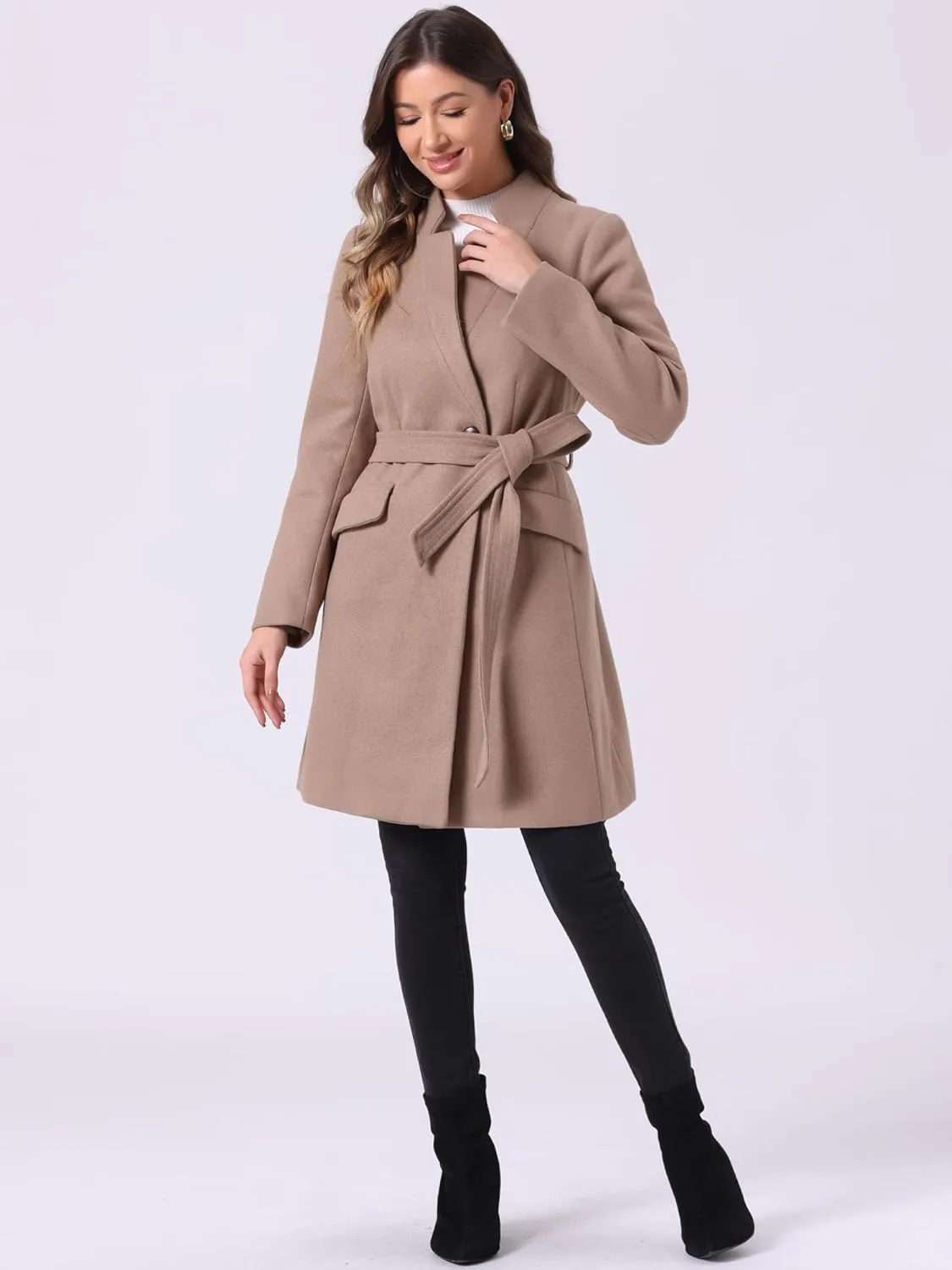 Allegra K Winter Belted Coat for Women's Stand Collar Buttoned Outwear Mid-Long Work Overcoat