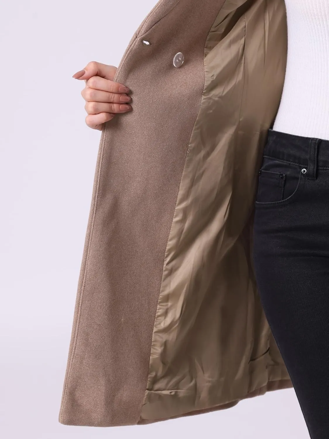 Allegra K Winter Belted Coat for Women's Stand Collar Buttoned Outwear Mid-Long Work Overcoat