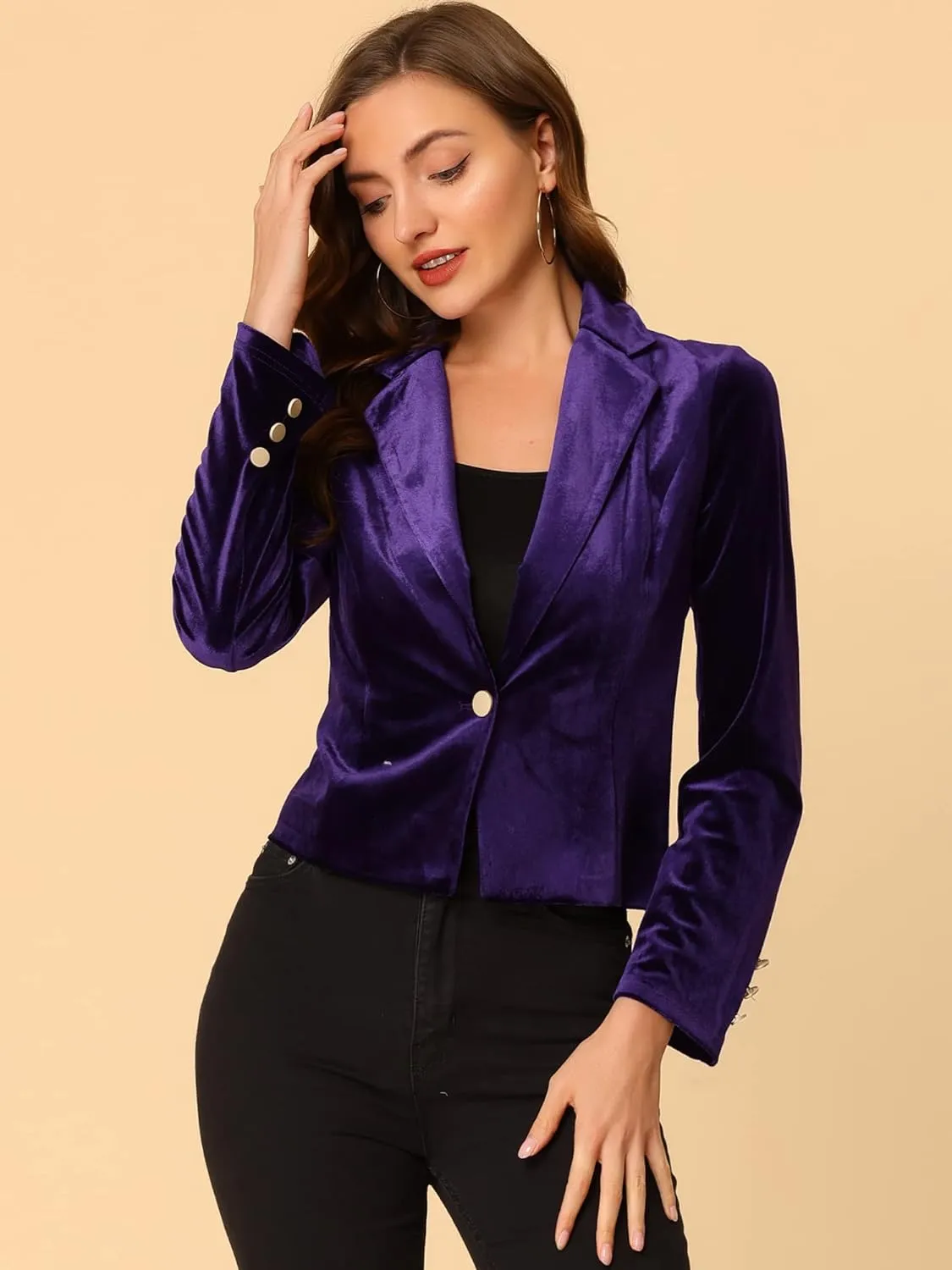 Allegra K Women's 1 Button Velvet Blazer Lapel Business Office Christmas Crop Suit Jacket