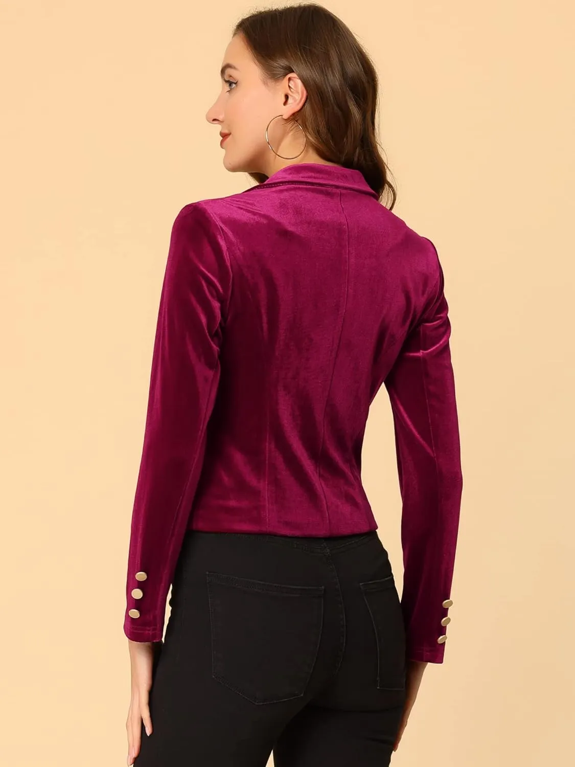 Allegra K Women's 1 Button Velvet Blazer Lapel Business Office Christmas Crop Suit Jacket