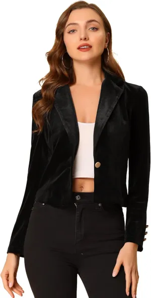 Allegra K Women's 1 Button Velvet Blazer Lapel Business Office Christmas Crop Suit Jacket
