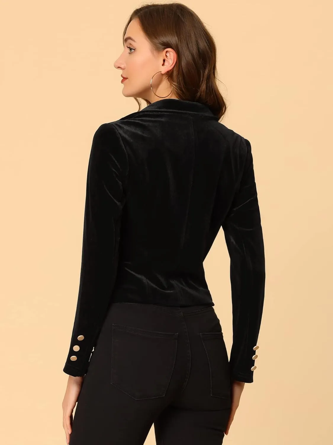 Allegra K Women's 1 Button Velvet Blazer Lapel Business Office Christmas Crop Suit Jacket