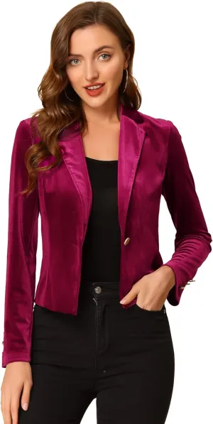 Allegra K Women's 1 Button Velvet Blazer Lapel Business Office Christmas Crop Suit Jacket