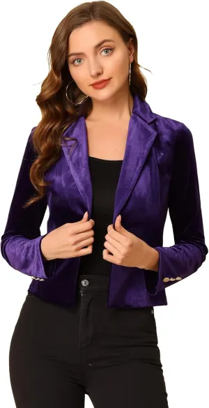 Allegra K Women's 1 Button Velvet Blazer Lapel Business Office Christmas Crop Suit Jacket