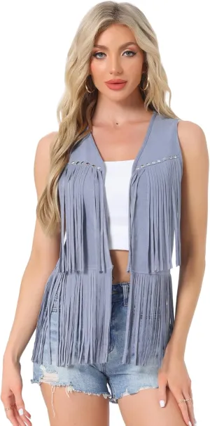 Allegra K Women's Fringe Vest Open Front Western 70s Outfits Faux Suede Tassel Cardigan