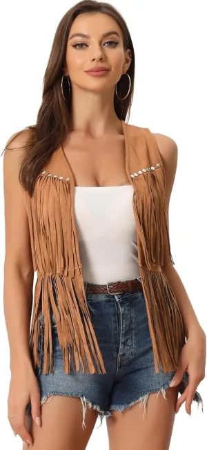Allegra K Women's Fringe Vest Open Front Western 70s Outfits Faux Suede Tassel Cardigan