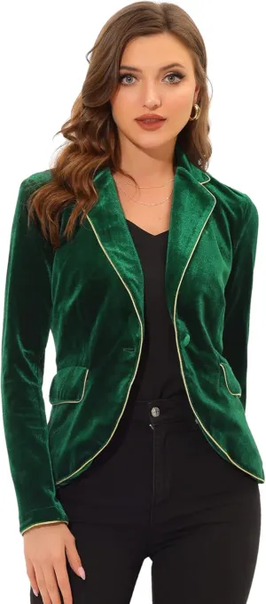 Allegra K Women's Suit Jacket Notched Lapel 1 Button Office Velvet Blazer