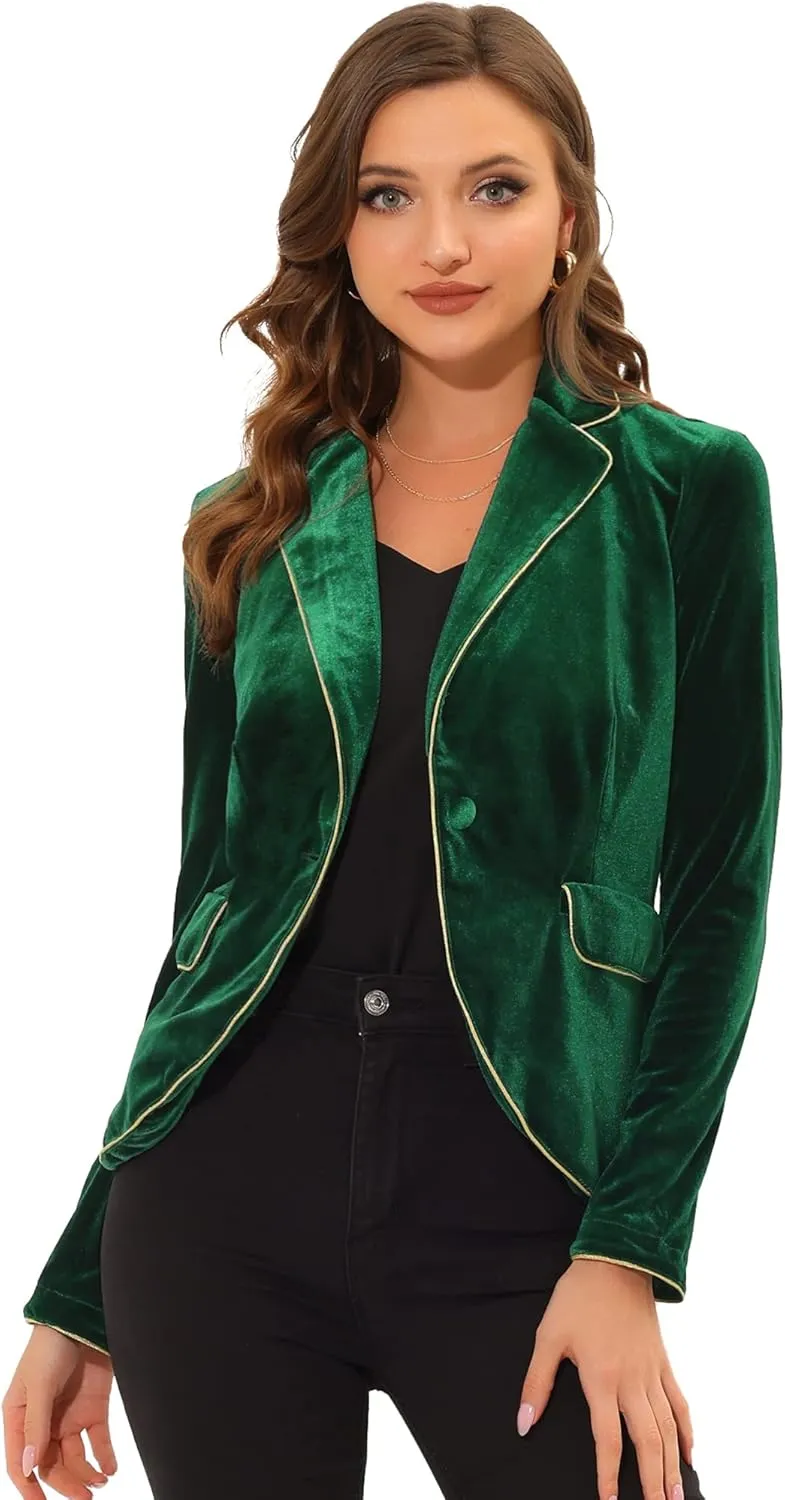 Allegra K Women's Suit Jacket Notched Lapel 1 Button Office Velvet Blazer