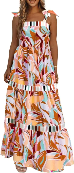 AlvaQ Women's 2025 Summer Sleeveless Floral Print Maxi Dress Strap Square Neck Beach Sun Dress
