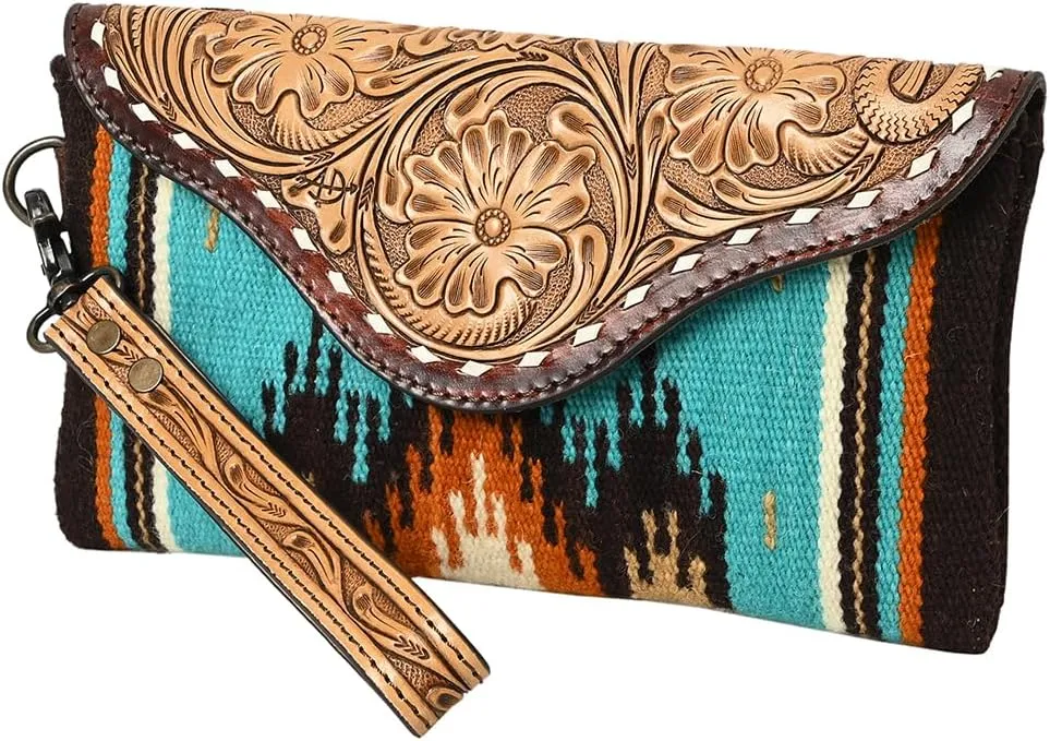 American Darling Wristlet Hand Tooled Upcycled Wool Genuine Leather Women Bag Western Handbag Purse | Women Wristlet Purse