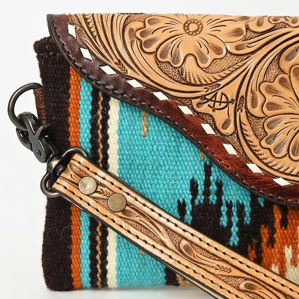 American Darling Wristlet Hand Tooled Upcycled Wool Genuine Leather Women Bag Western Handbag Purse | Women Wristlet Purse