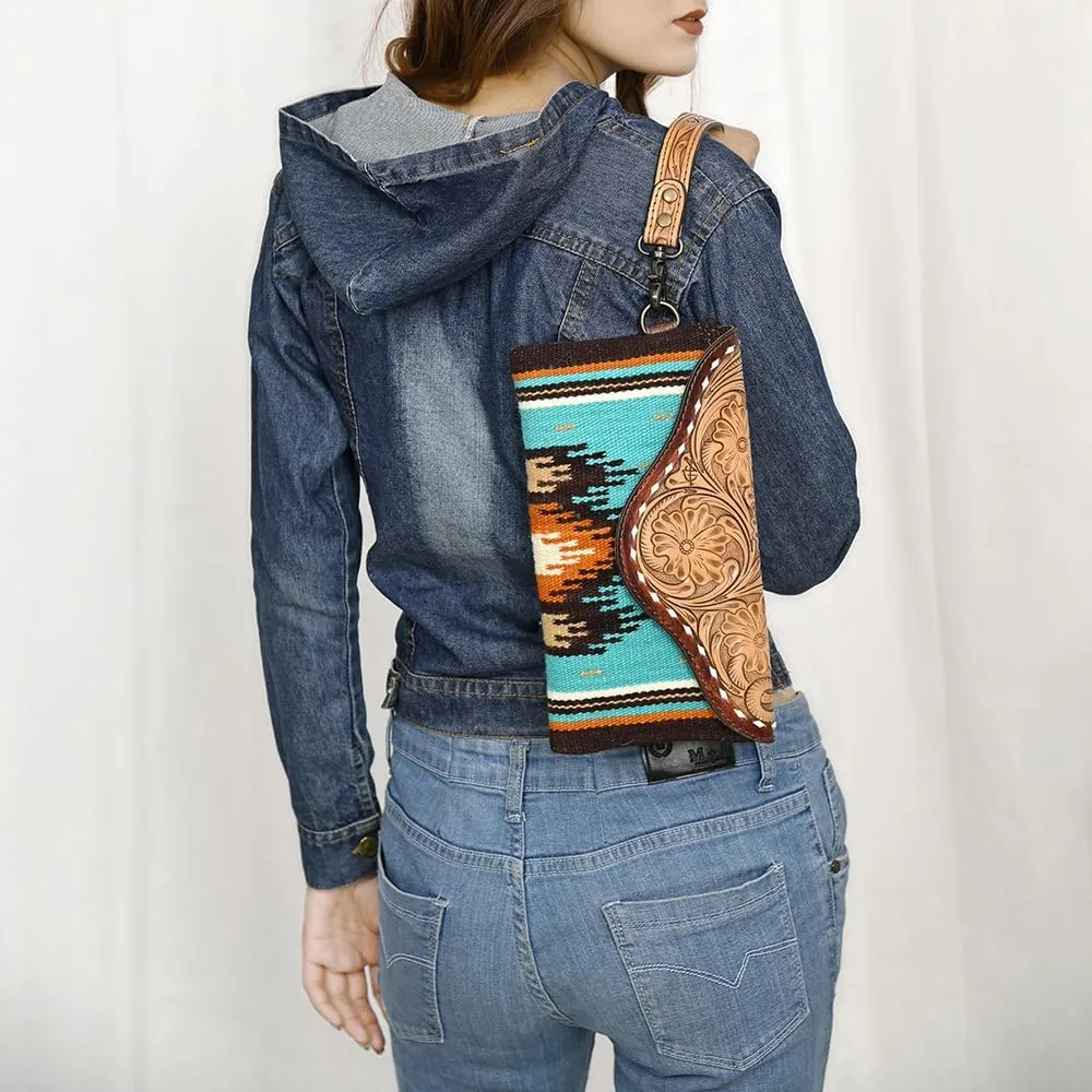 American Darling Wristlet Hand Tooled Upcycled Wool Genuine Leather Women Bag Western Handbag Purse | Women Wristlet Purse