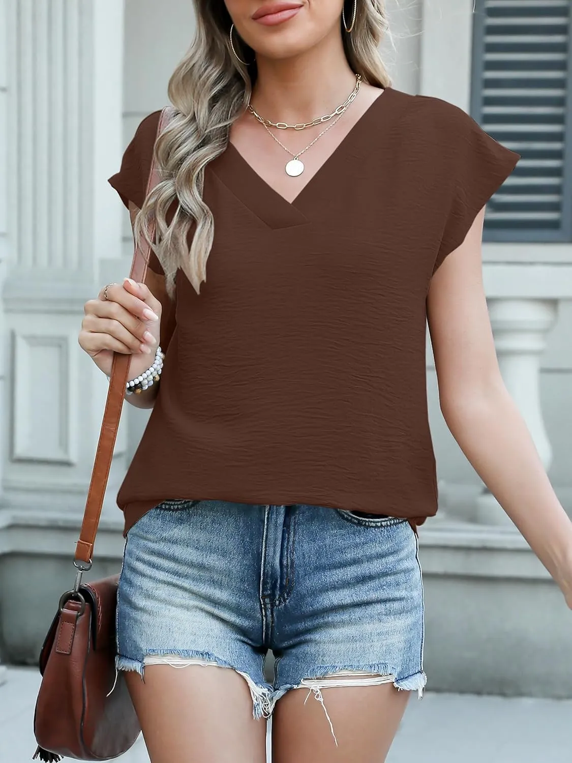 ANRABESS Women Tops Cap Sleeve Textured Dressy Casual V Neck Shirts 2025 Summer Business Work Blouses Outfits