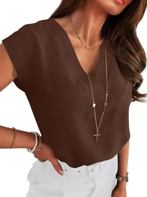 ANRABESS Women Tops Cap Sleeve Textured Dressy Casual V Neck Shirts 2025 Summer Business Work Blouses Outfits