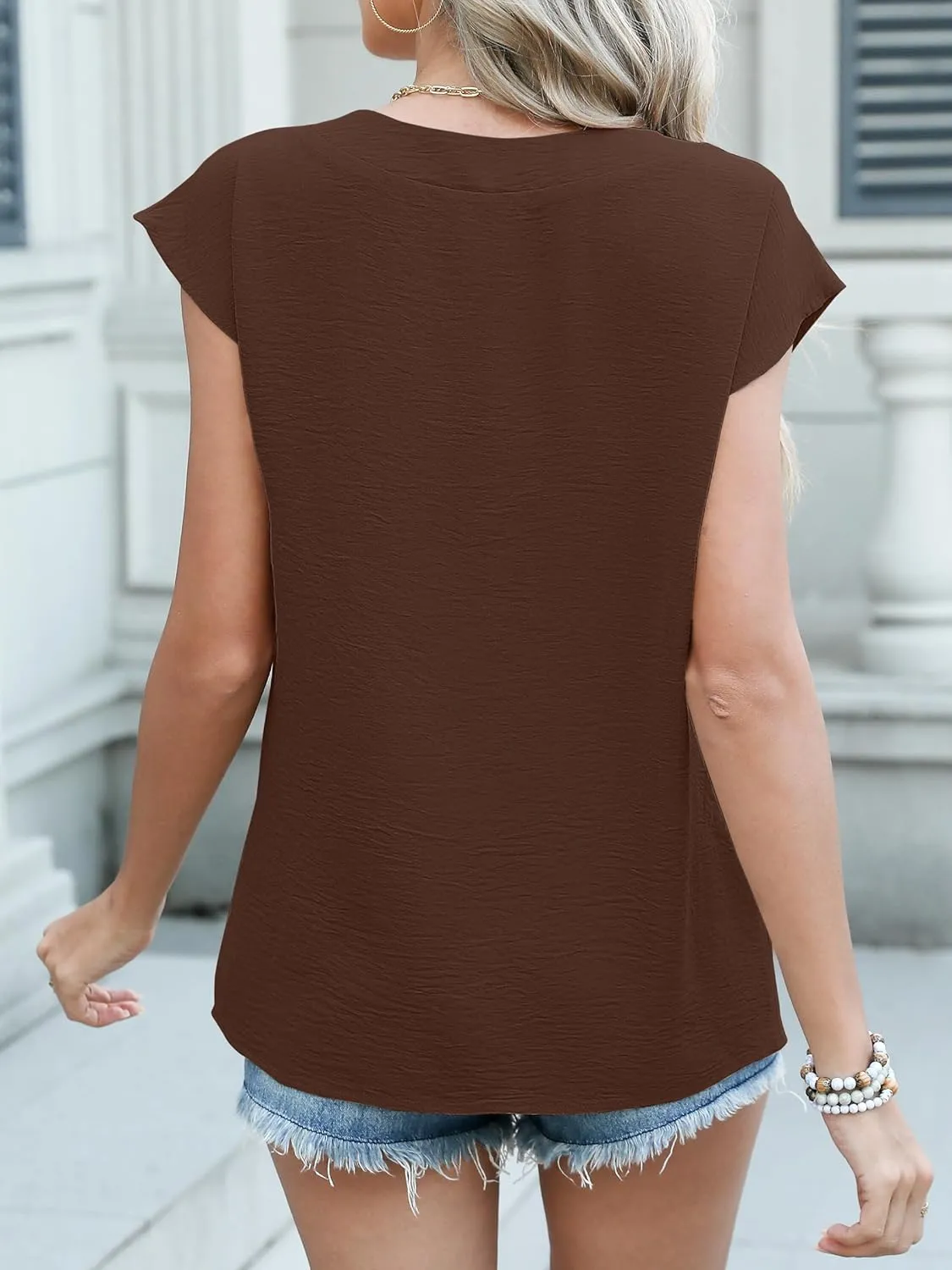 ANRABESS Women Tops Cap Sleeve Textured Dressy Casual V Neck Shirts 2025 Summer Business Work Blouses Outfits