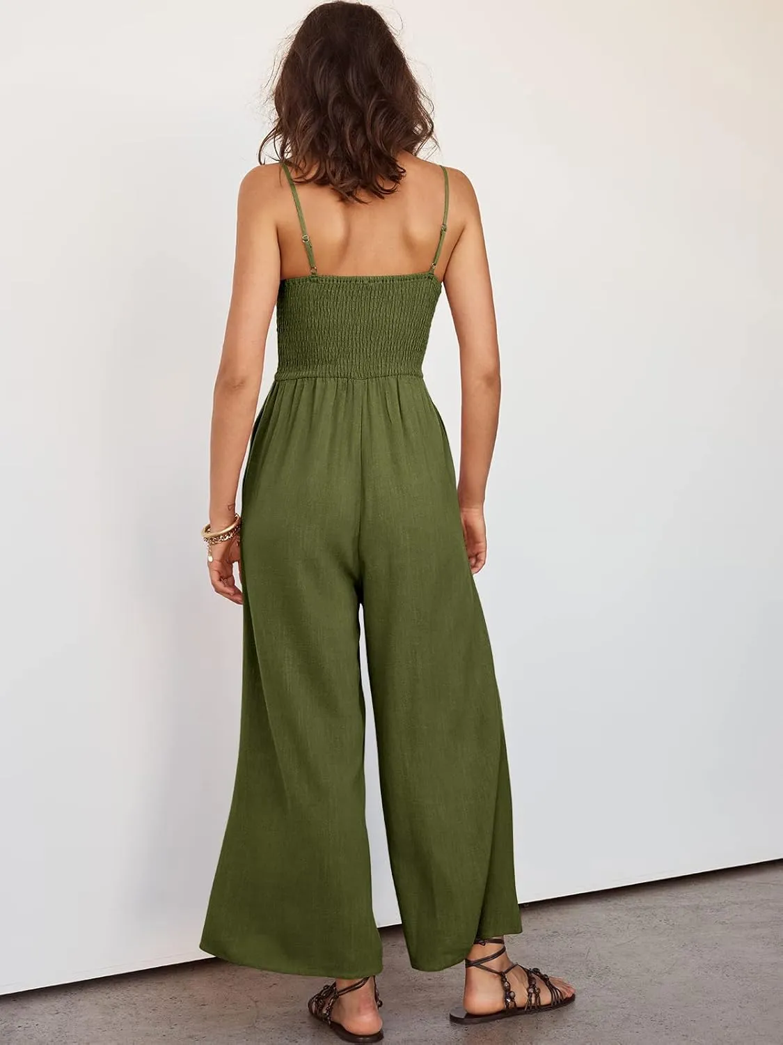 ANRABESS Womens Jumpsuit Summer Beach Vacation Romper 2025 V Neck Sleevelsee Spaghetti Strap Cutout Linen Wide Leg Clothes