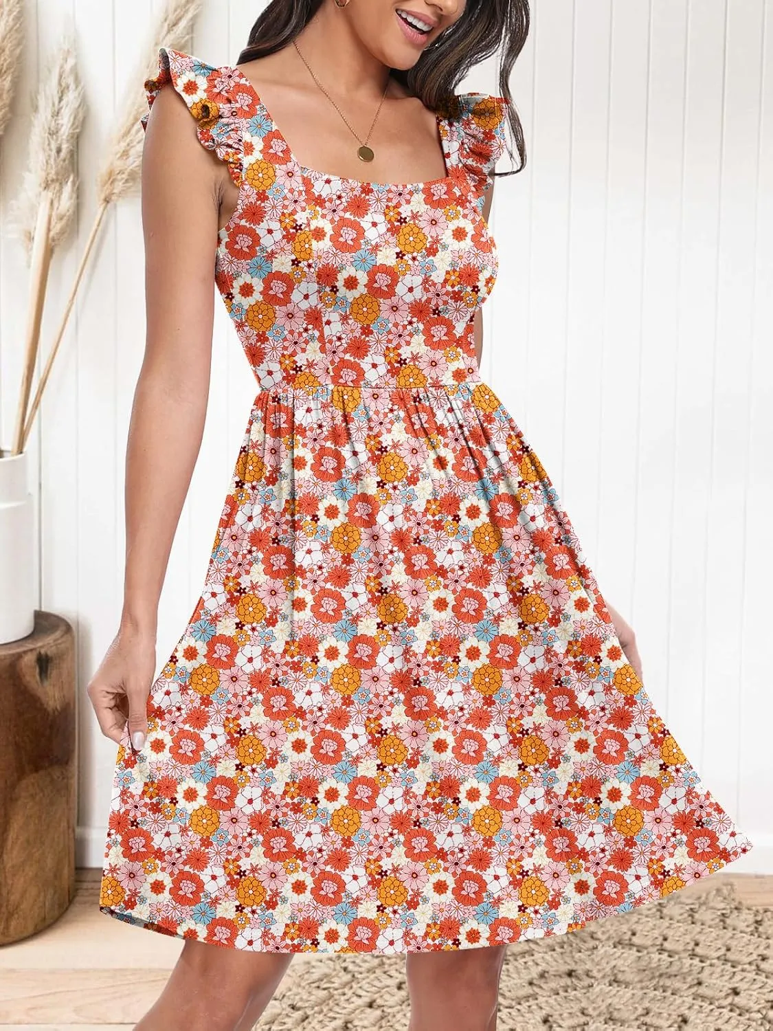 ANRABESS Womens Summer Short Dress 2025 Square Neck Sleeveless A Line Ruffled Wedding Casual Cute Teen Beach Mini Sundress
