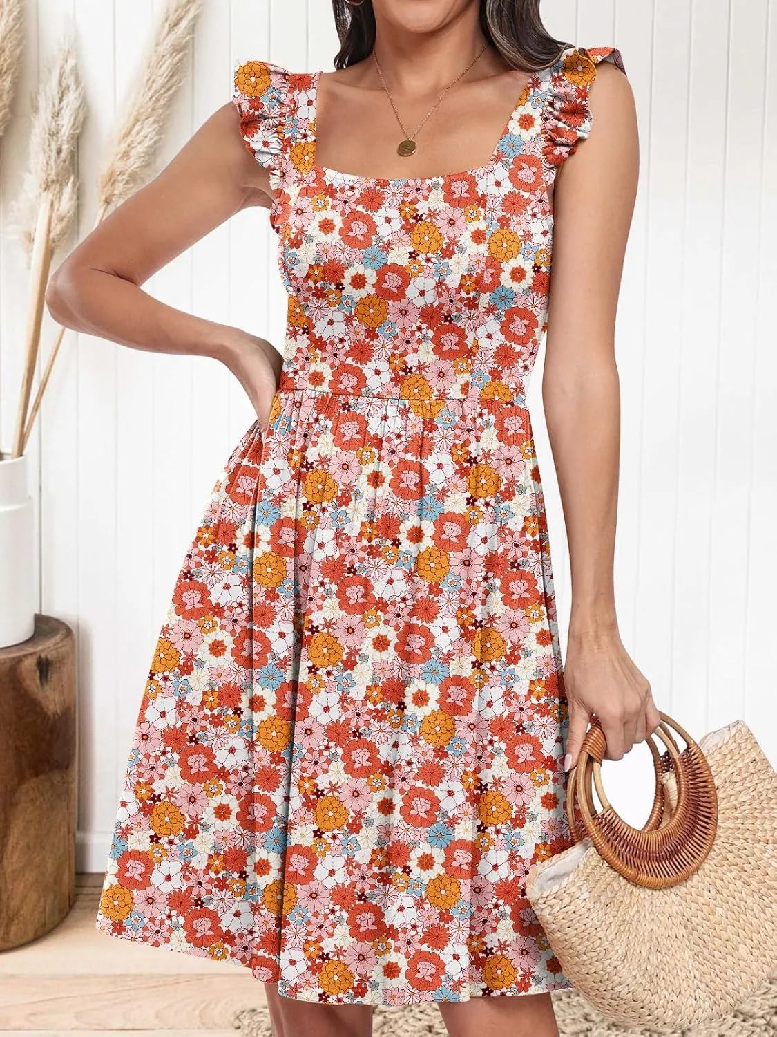 ANRABESS Womens Summer Short Dress 2025 Square Neck Sleeveless A Line Ruffled Wedding Casual Cute Teen Beach Mini Sundress