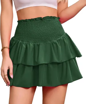 ANRILITA Mini Skirts for Women High Waist Ruffle Cute Flowy Skirt Casual Layered Skort with Shorts