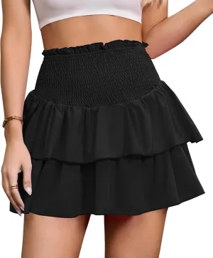 ANRILITA Mini Skirts for Women High Waist Ruffle Cute Flowy Skirt Casual Layered Skort with Shorts