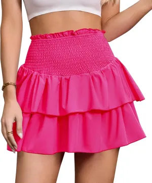 ANRILITA Mini Skirts for Women High Waist Ruffle Cute Flowy Skirt Casual Layered Skort with Shorts