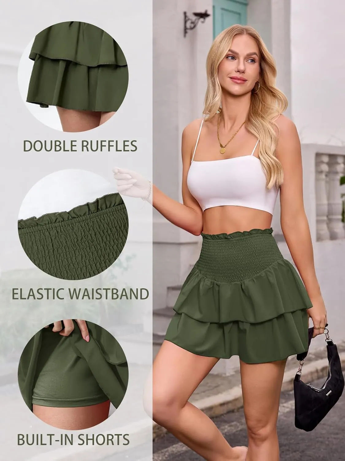 ANRILITA Mini Skirts for Women High Waist Ruffle Cute Flowy Skirt Casual Layered Skort with Shorts