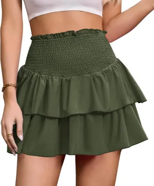 ANRILITA Mini Skirts for Women High Waist Ruffle Cute Flowy Skirt Casual Layered Skort with Shorts
