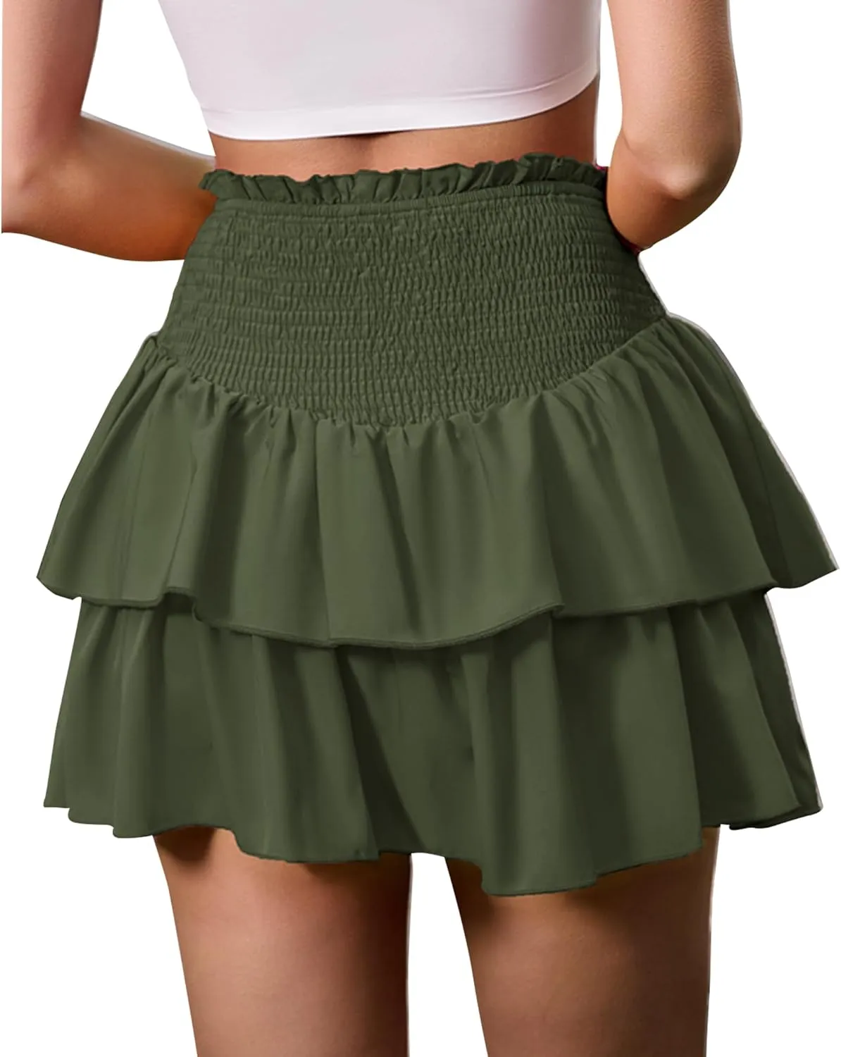 ANRILITA Mini Skirts for Women High Waist Ruffle Cute Flowy Skirt Casual Layered Skort with Shorts