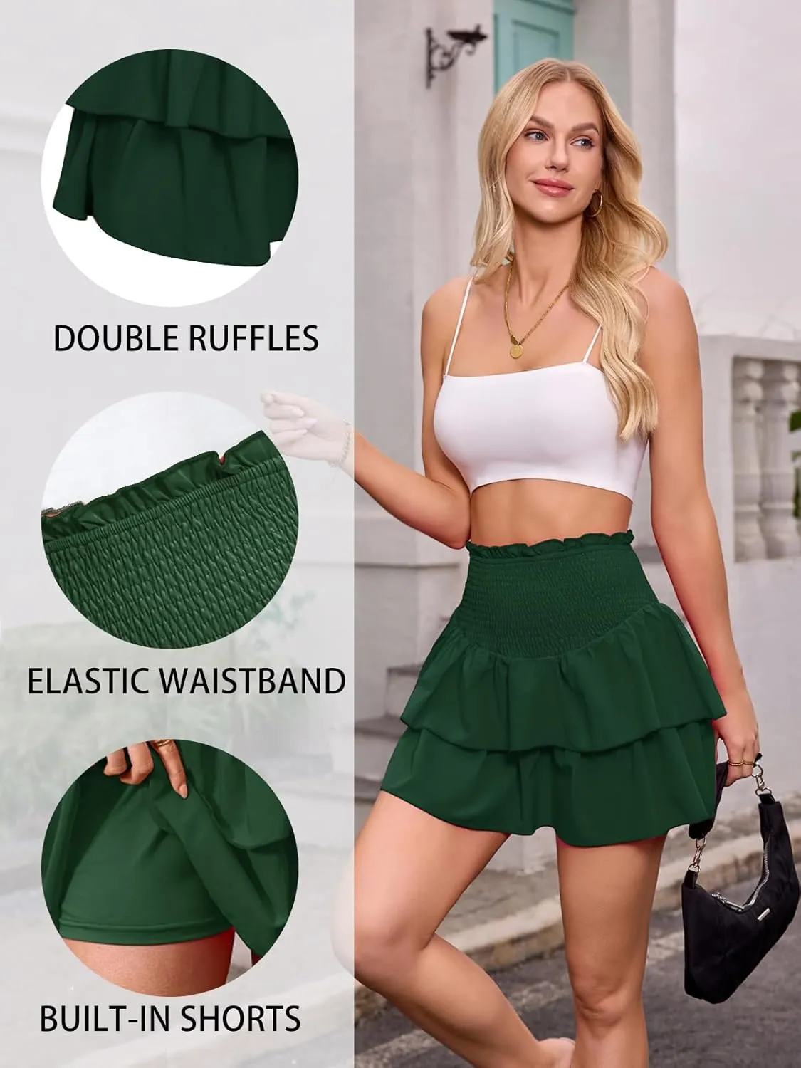 ANRILITA Mini Skirts for Women High Waist Ruffle Cute Flowy Skirt Casual Layered Skort with Shorts