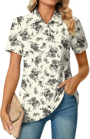 Aodemo Women's Summer Polo Shirts Dressy Button Up Collared Tunic Short Sleeve Work Tops V Neck Loose Blouses