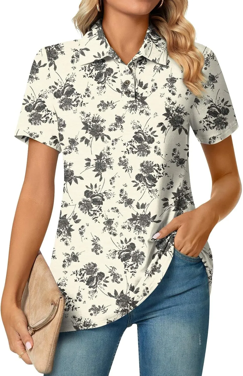 Aodemo Women's Summer Polo Shirts Dressy Button Up Collared Tunic Short Sleeve Work Tops V Neck Loose Blouses