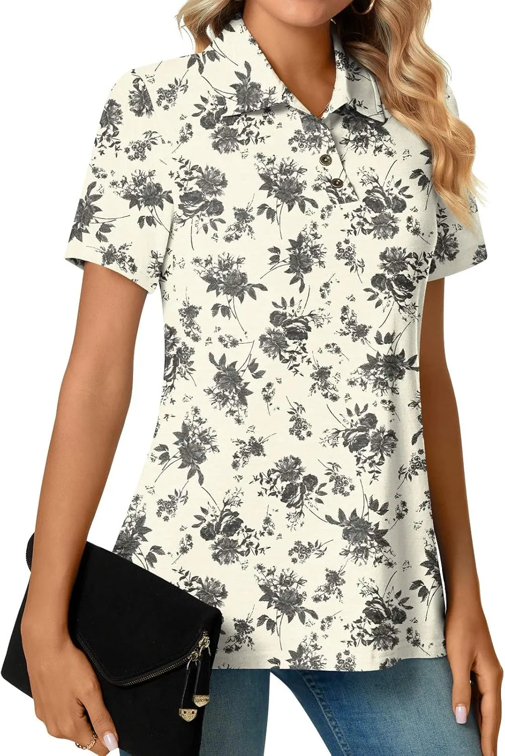 Aodemo Women's Summer Polo Shirts Dressy Button Up Collared Tunic Short Sleeve Work Tops V Neck Loose Blouses