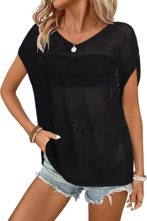 Arach&Cloz Women Crochet Tops 2025 Summer Wool Blended Sweater Vest Short Sleeve Fashion Outfits Oversized Coverup