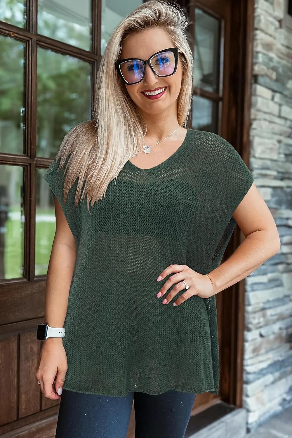Arach&Cloz Women Crochet Tops 2025 Summer Wool Blended Sweater Vest Short Sleeve Fashion Outfits Oversized Coverup