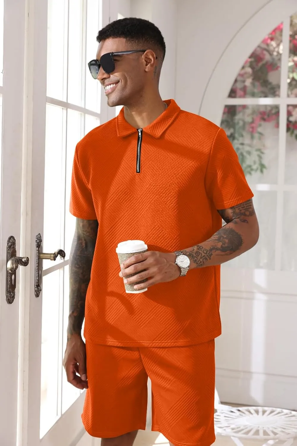 Aulemen Mens 2 Piece Zip Tracksuit Short Sleeve Print Polo Shirt and Shorts Sets Summer Outfits for Men