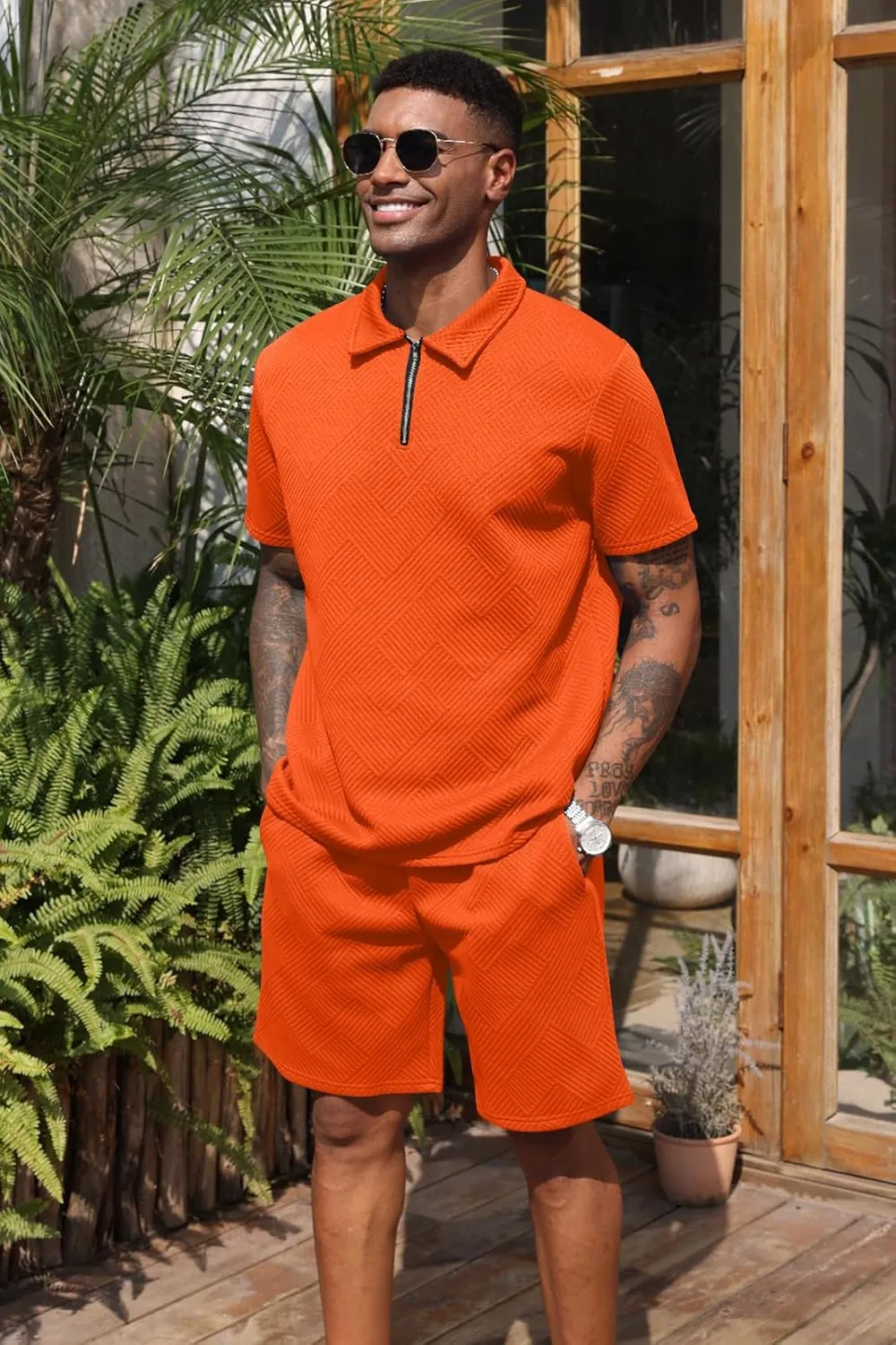 Aulemen Mens 2 Piece Zip Tracksuit Short Sleeve Print Polo Shirt and Shorts Sets Summer Outfits for Men