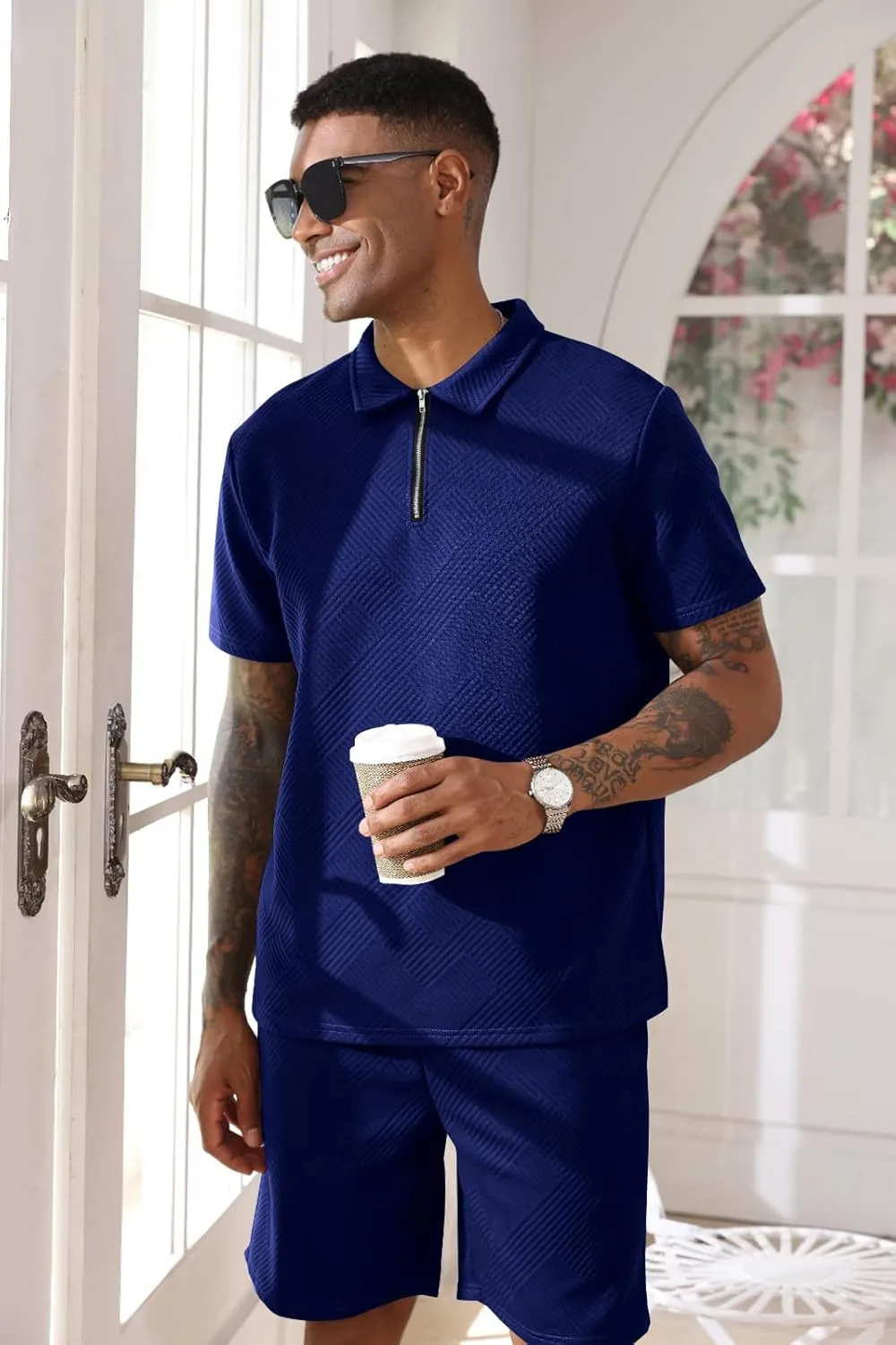 Aulemen Mens 2 Piece Zip Tracksuit Short Sleeve Print Polo Shirt and Shorts Sets Summer Outfits for Men