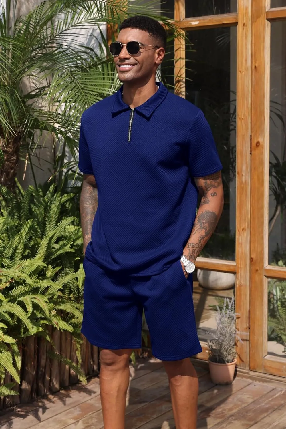 Aulemen Mens 2 Piece Zip Tracksuit Short Sleeve Print Polo Shirt and Shorts Sets Summer Outfits for Men