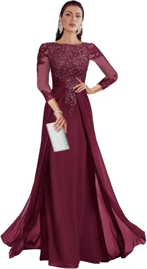AUMEELAM Lace Applique Mother of The Birde Dress for Wedding 3/4 Sleeves Crew Neck Formal Dresses for Women