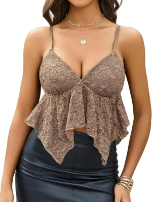 Avidlove Lace Tank Tops for Women V Neck Camisoles Sexy Going Out Top (Brown, X-Large)