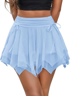 Avidlove Mini Skirts for Women Mesh Flowy Y2k Skirt Drawstring Ruched Bow Layer Asymmetrical Short Skort Blue