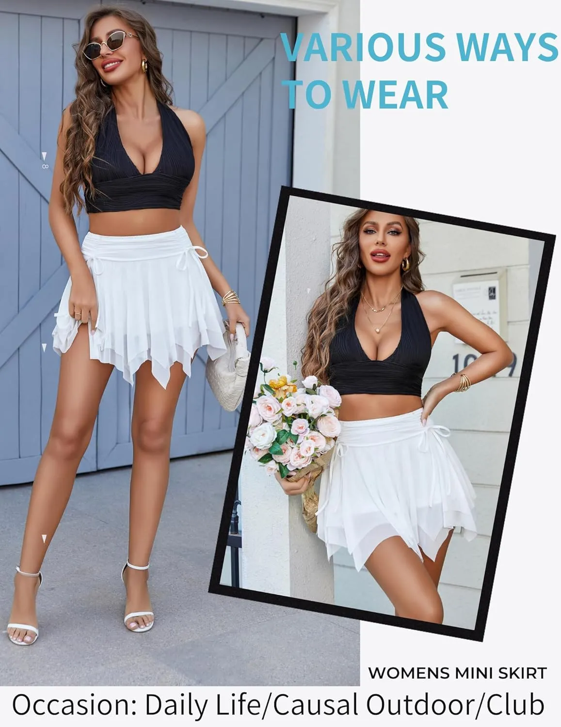 Avidlove Mini Skirts for Women Mesh Flowy Y2k Skirt Drawstring Ruched Bow Layer Asymmetrical Short Skort