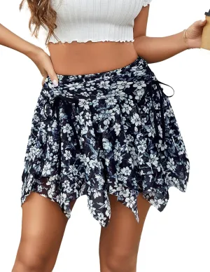 Avidlove Mini Skirts for Women Mesh Flowy Y2k Skirt Drawstring Ruched Bow Layer Asymmetrical Short Skort