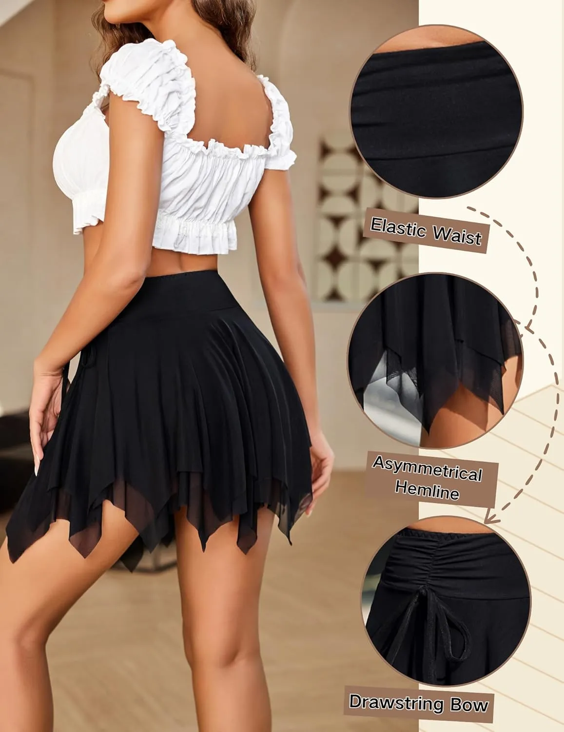 Avidlove Mini Skirts for Women Mesh Flowy Y2k Skirt Drawstring Ruched Bow Layer Asymmetrical Short Skort