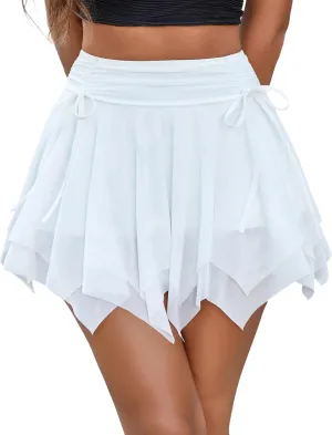 Avidlove Mini Skirts for Women Mesh Flowy Y2k Skirt Drawstring Ruched Bow Layer Asymmetrical Short Skort